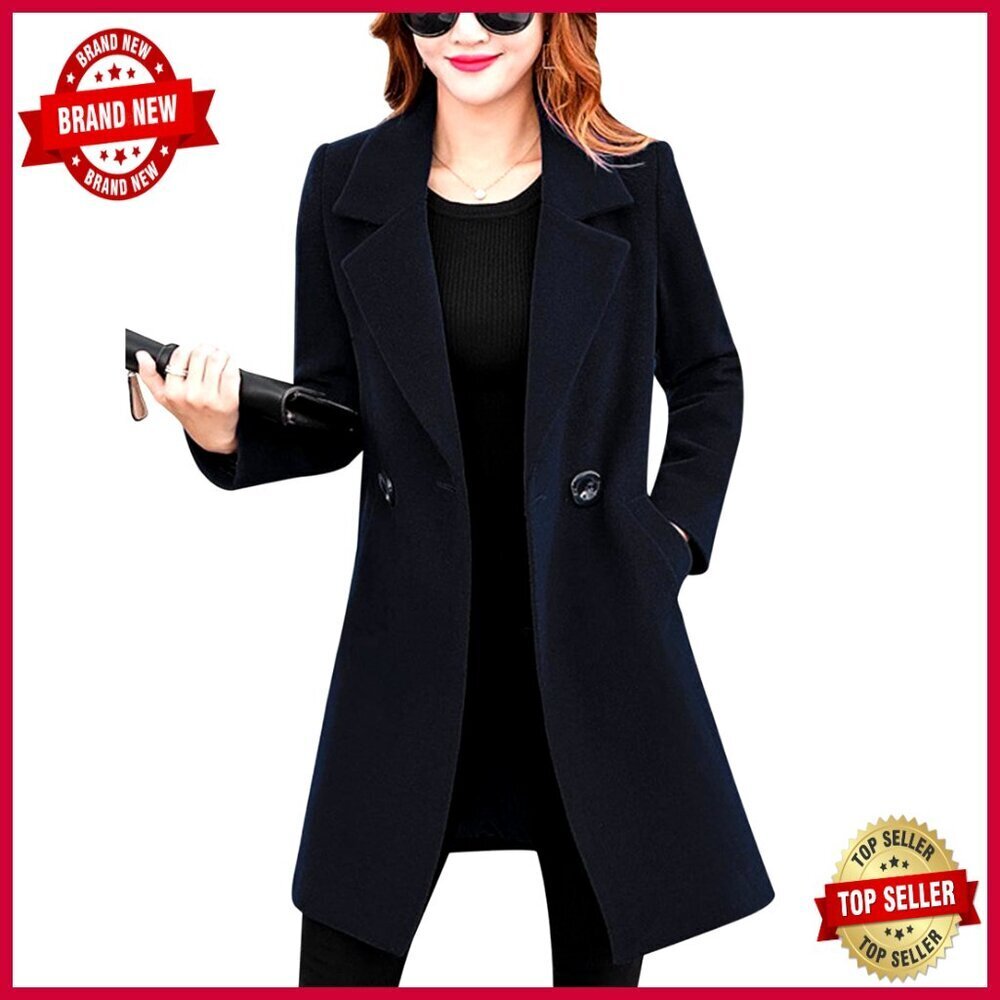 Wool Blend Pea Coat Notched Collar Button Closure Slim Fit Overcoat